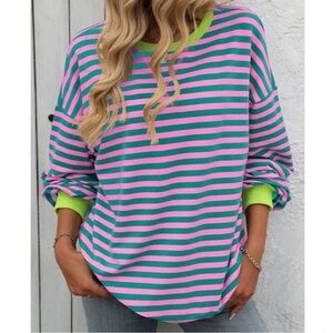 Striped Oversized Sweatshirt Casual Crew Neck Long Sleeve Loose Pullover‎ XL